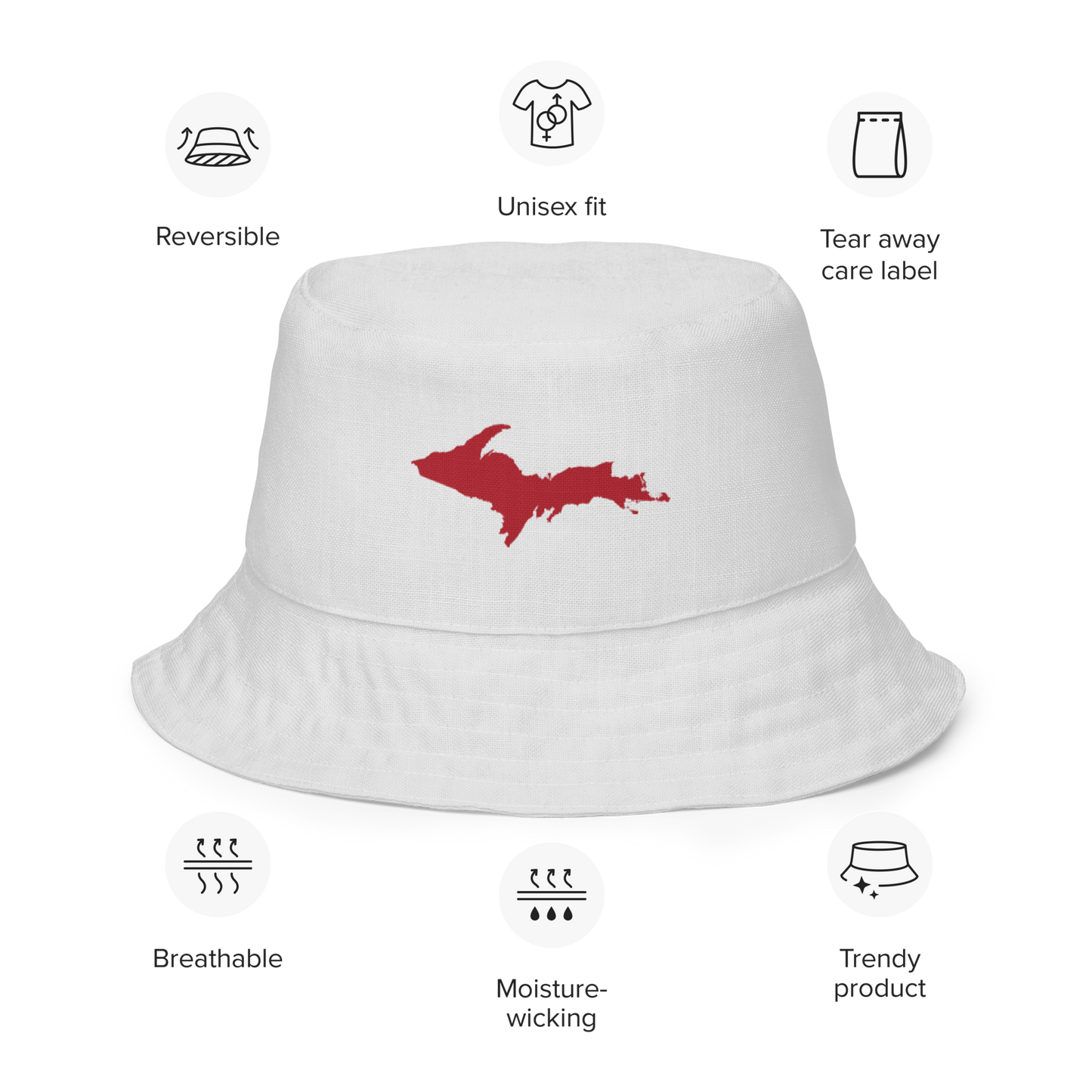 Michigan Upper Peninsula Bucket Hat (w/ Thimbleberry Red UP Outline) | Reversible - Birch Bark White