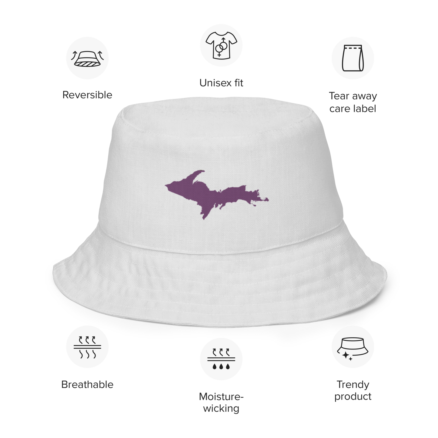 Michigan Upper Peninsula Bucket Hat (w/ Plum UP Outline) | Reversible - Birch Bark White