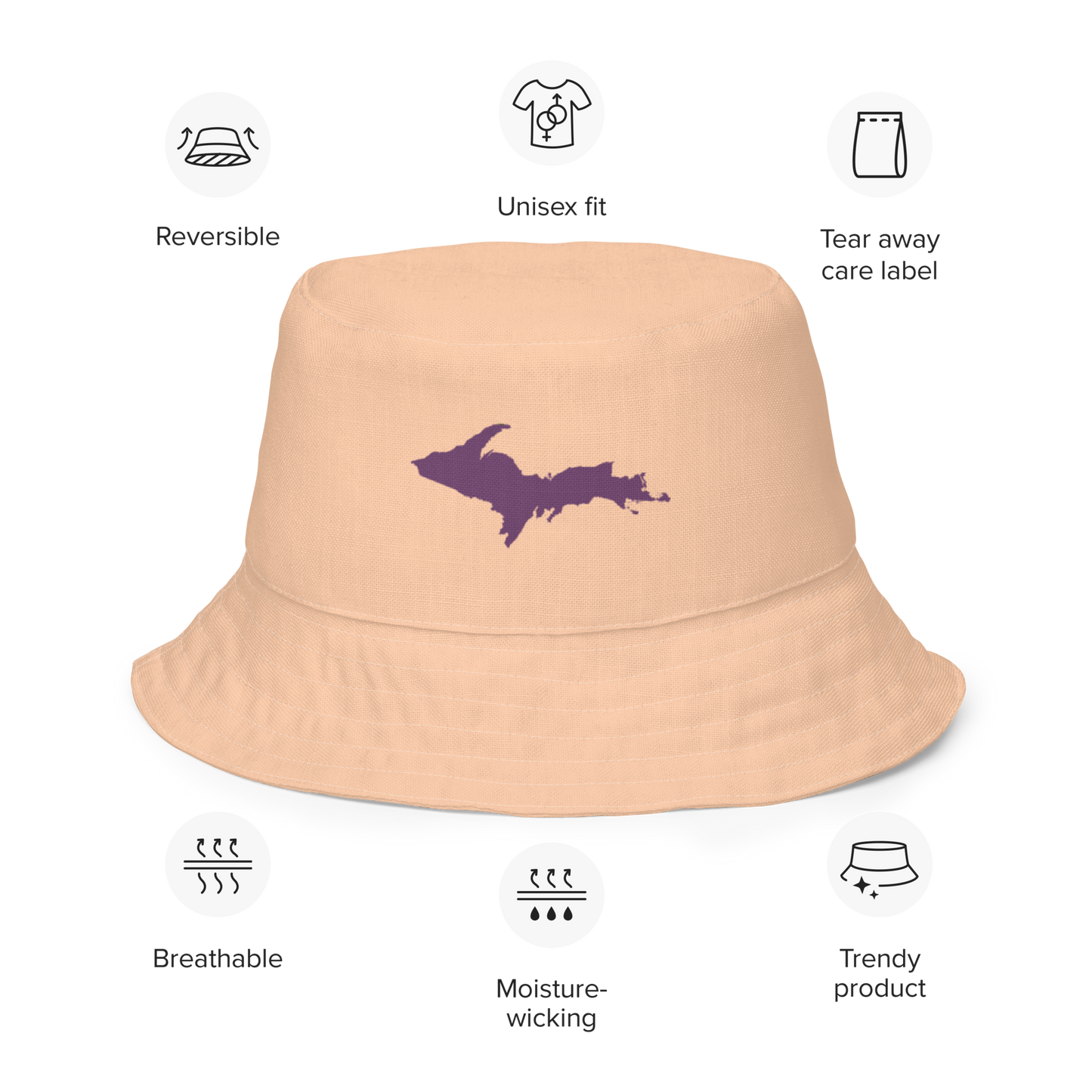 Michigan Upper Peninsula Bucket Hat (w/ Plum UP Outline) | Reversible - Peach Color