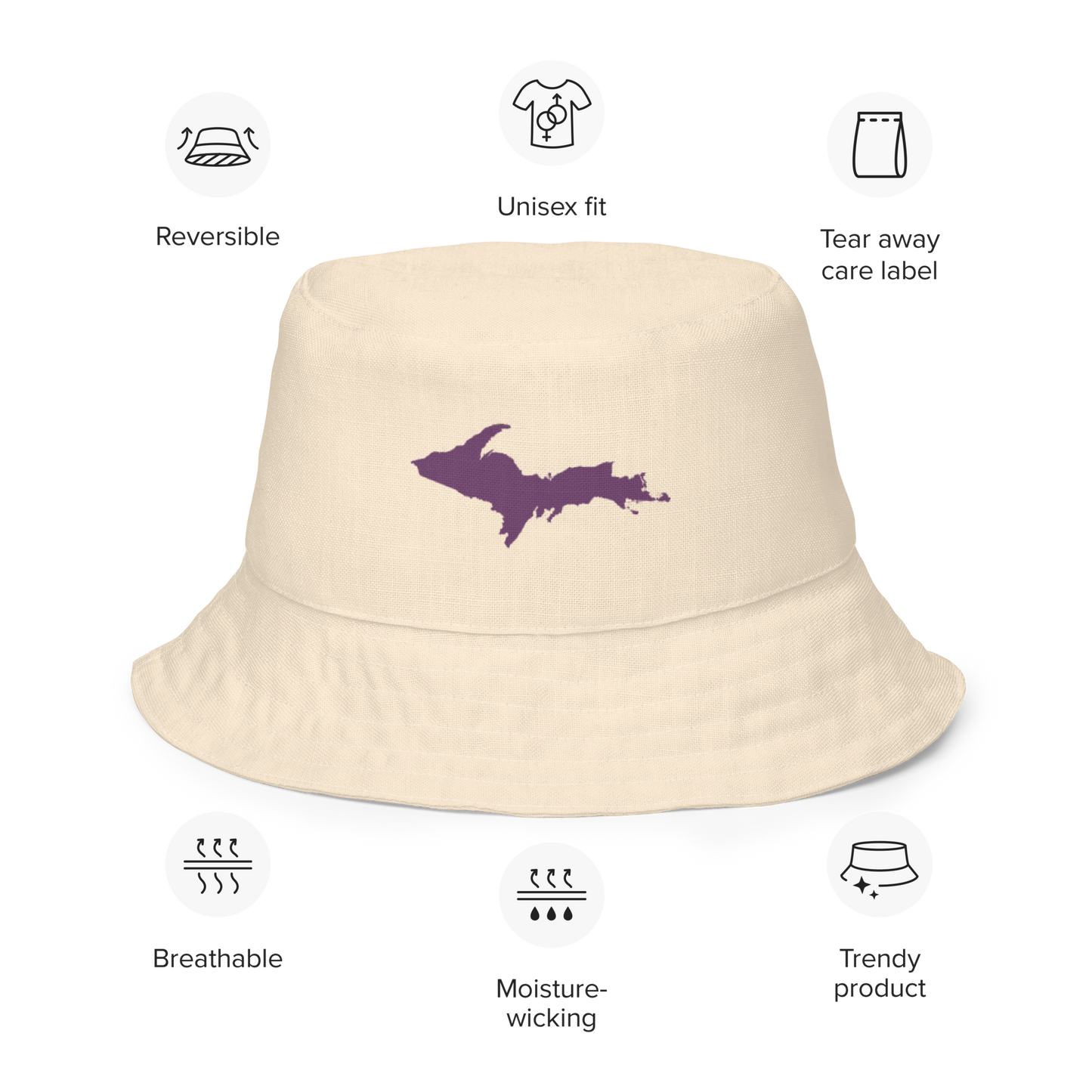 Michigan Upper Peninsula Bucket Hat (w/ Plum UP Outline) | Reversible - Champagne White