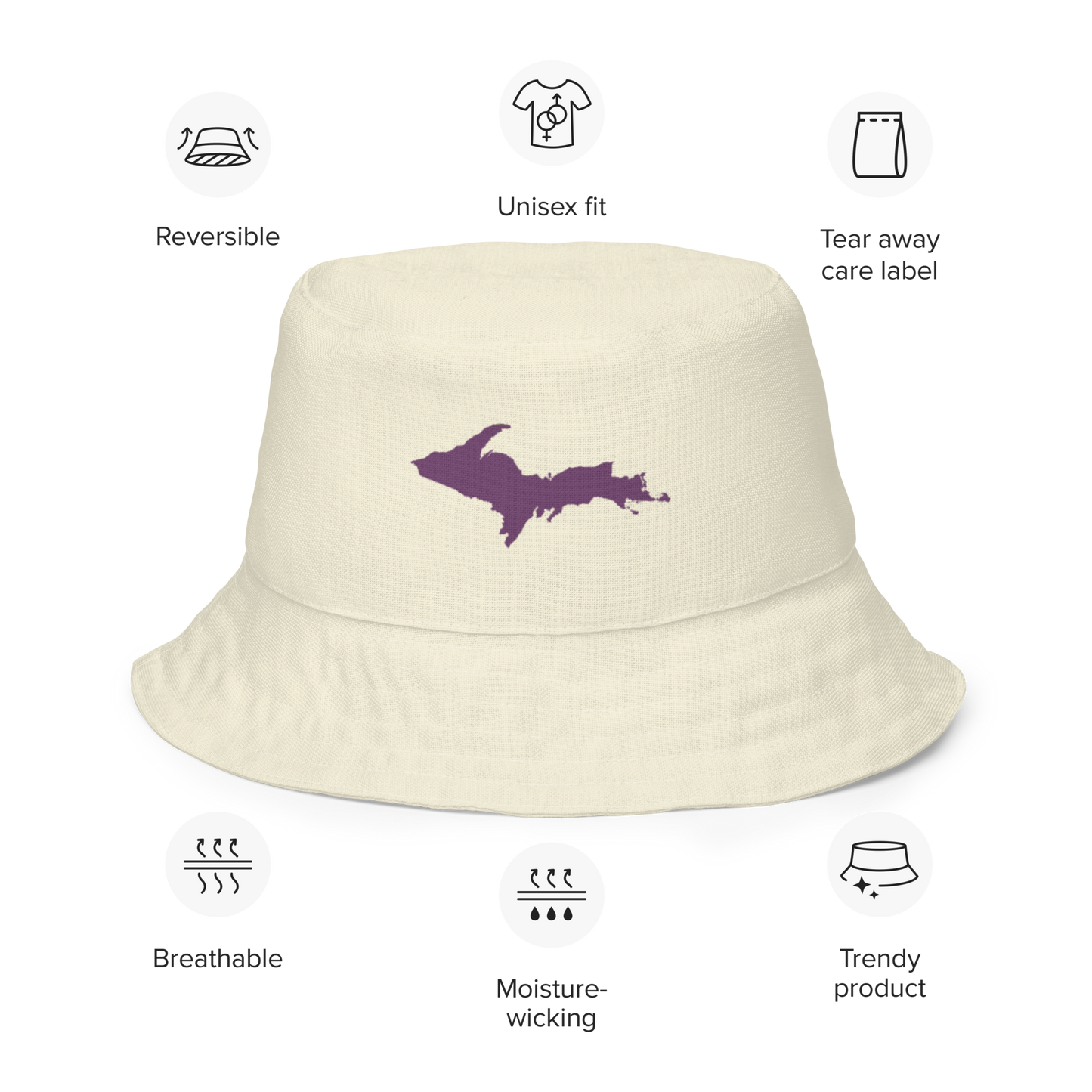 Michigan Upper Peninsula Bucket Hat (w/ Plum UP Outline) | Reversible - Ivory White