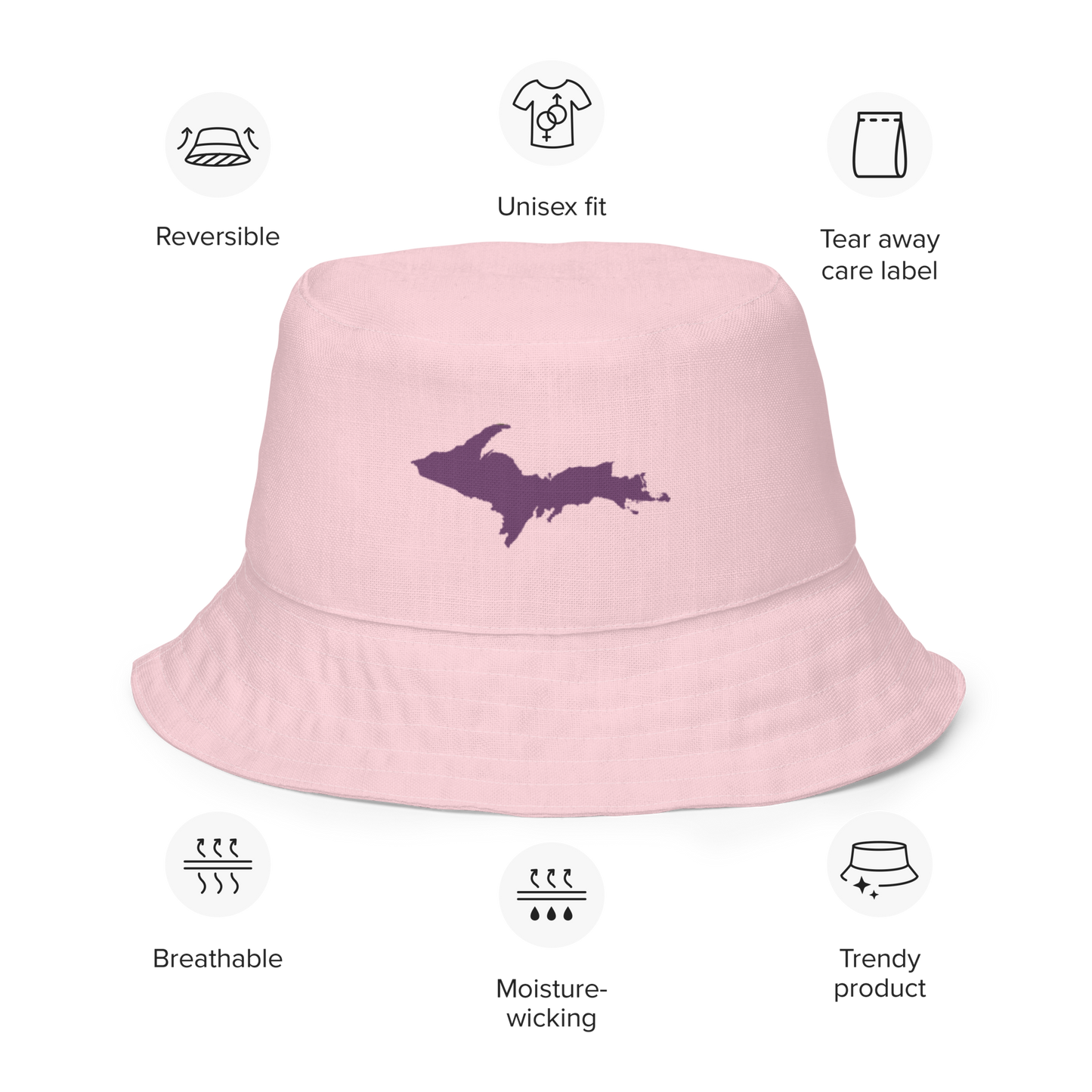 Michigan Upper Peninsula Bucket Hat (w/ Plum UP Outline) | Reversible - Pale Pink