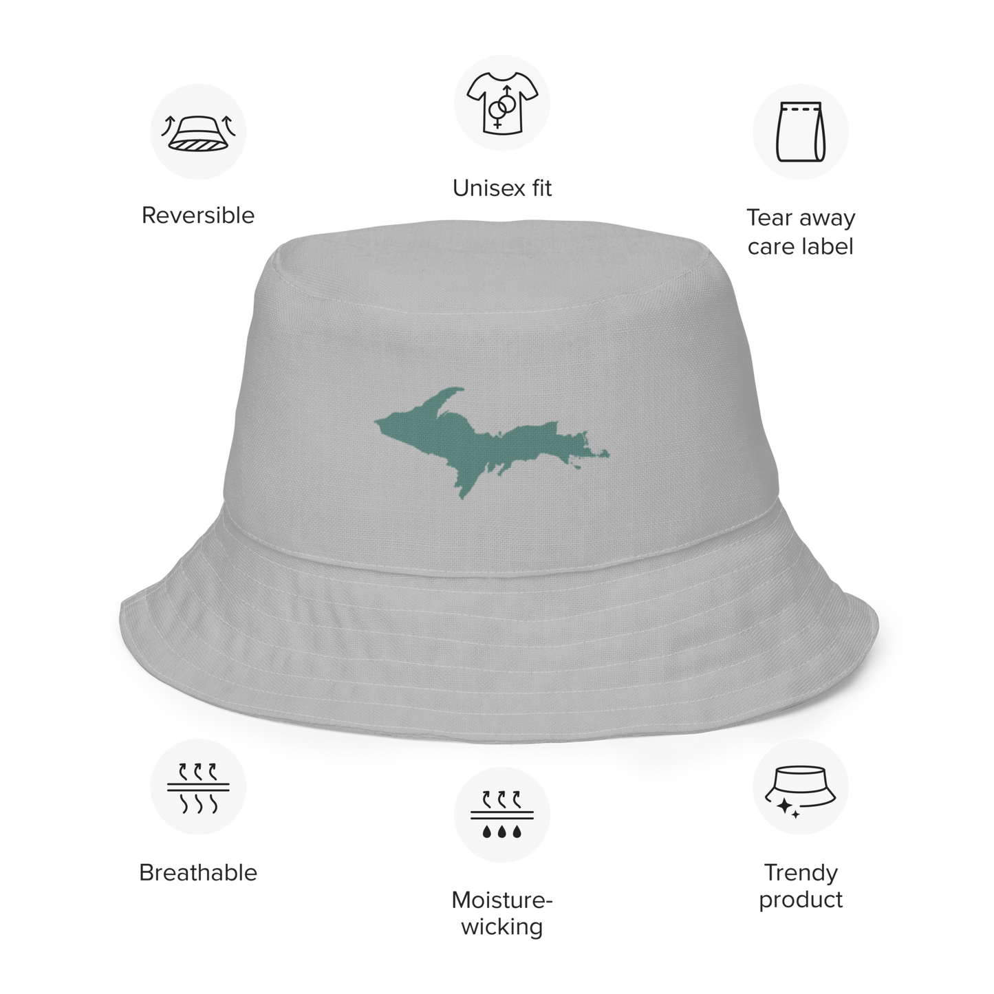 Michigan Upper Peninsula Bucket Hat (w/ Copper Green UP Outline) | Reversible - Silver