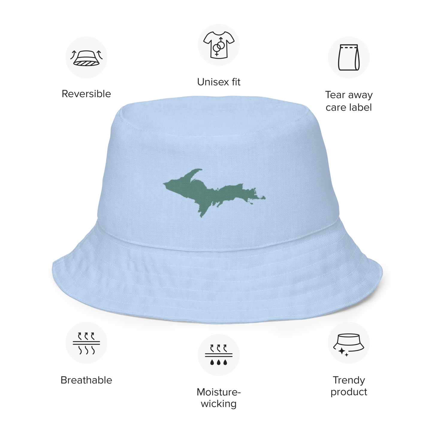 Michigan Upper Peninsula Bucket Hat (w/ Copper Green UP Outline) | Reversible - Light Blue