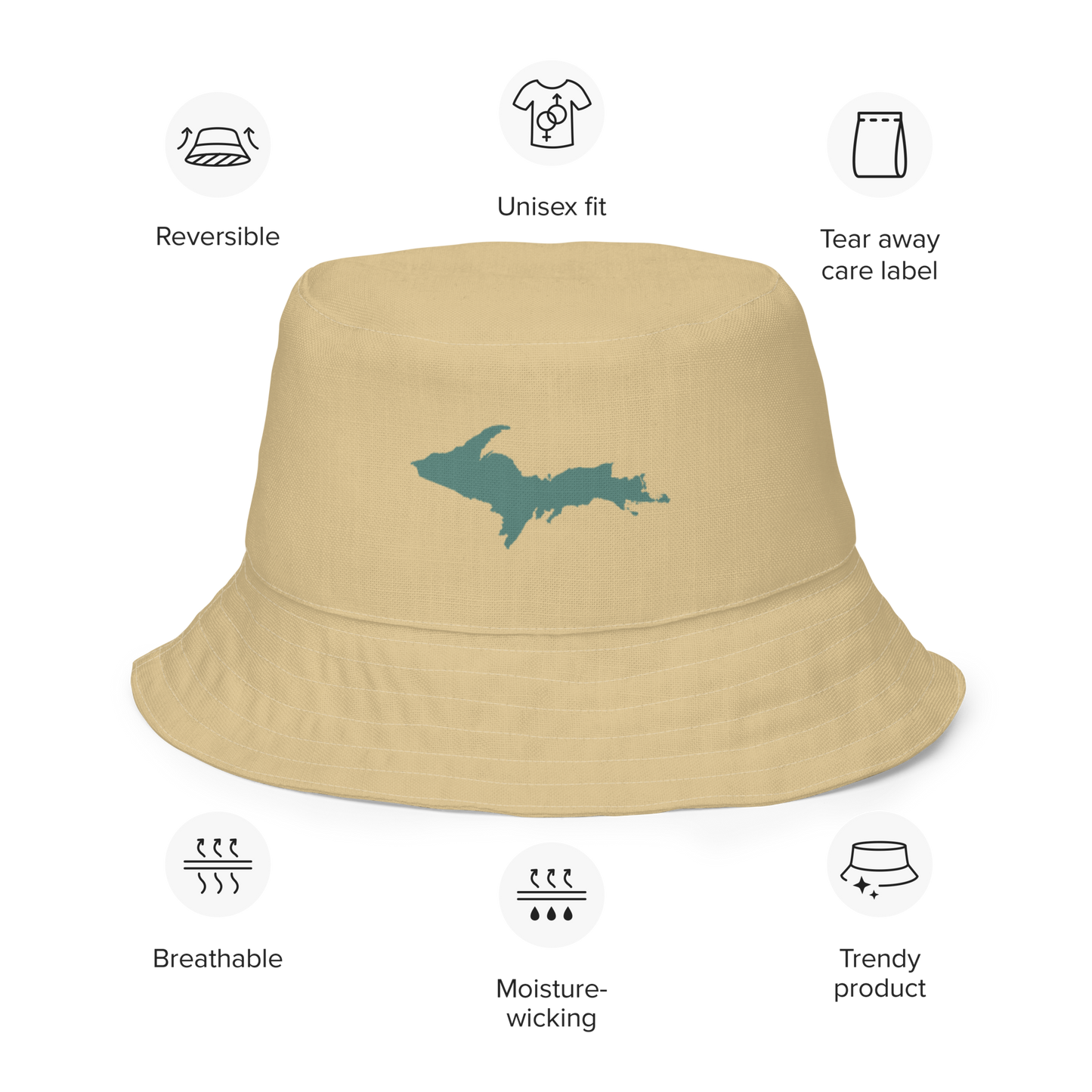 Michigan Upper Peninsula Bucket Hat (w/ Copper Green UP Outline) | Reversible - Maple Color