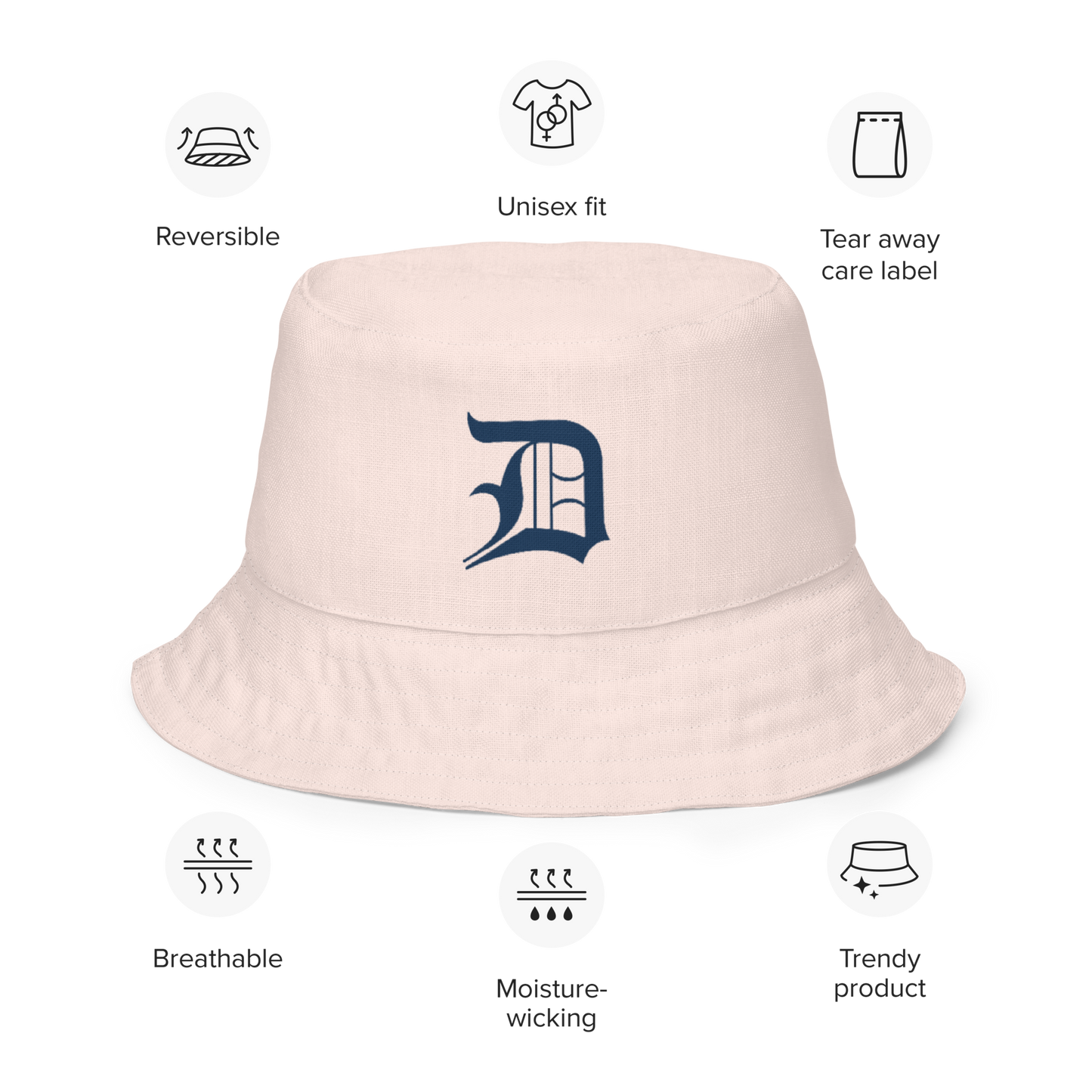 Detroit 'Old English D' Bucket Hat | Reversible - Champagne Pink/Canvas Color