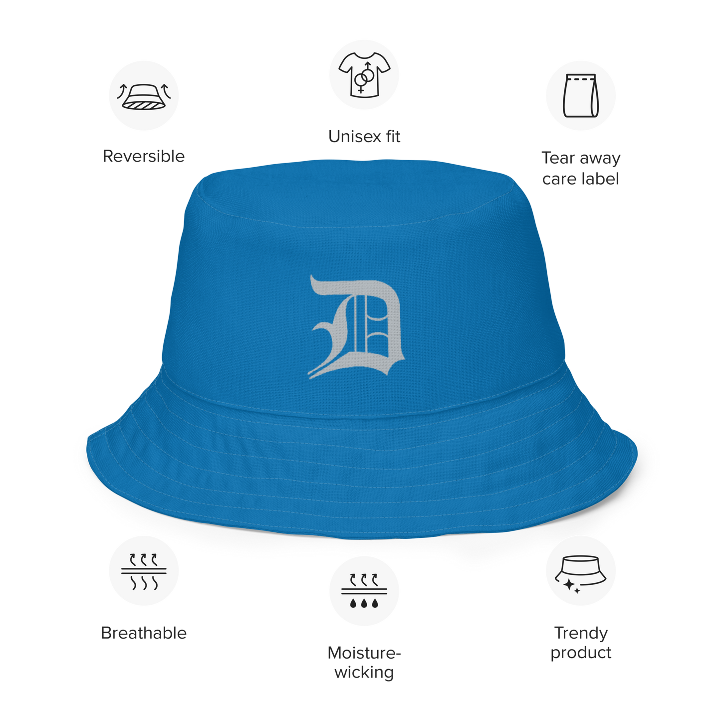 Detroit 'Old English D' Bucket Hat | Reversible - Azure/Silver