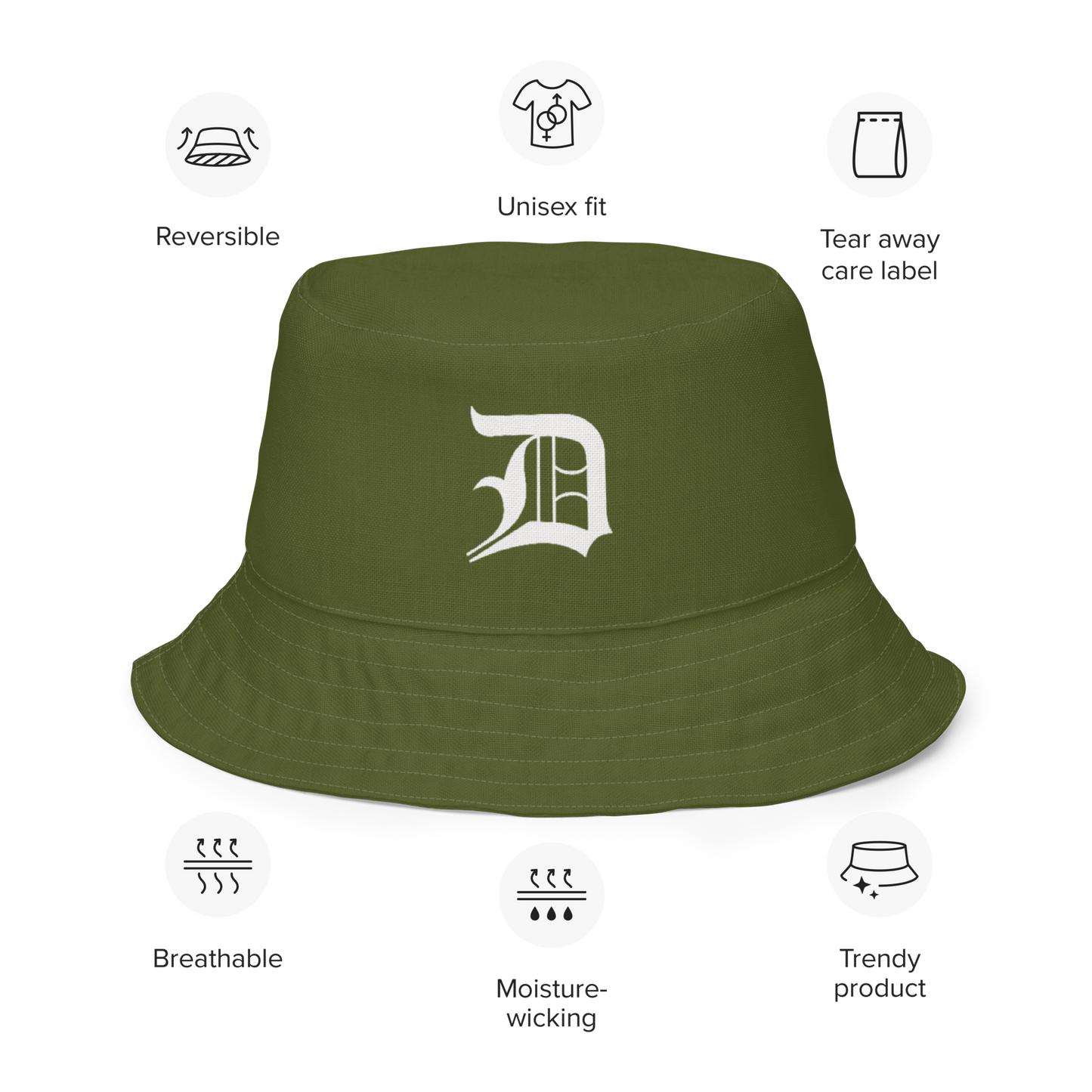 Detroit 'Old English D' Bucket Hat | Reversible - Army Green