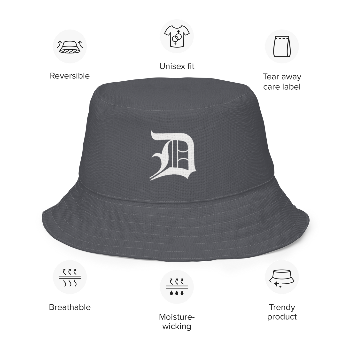 Detroit 'Old English D' Bucket Hat | Reversible - Iron Ore Grey