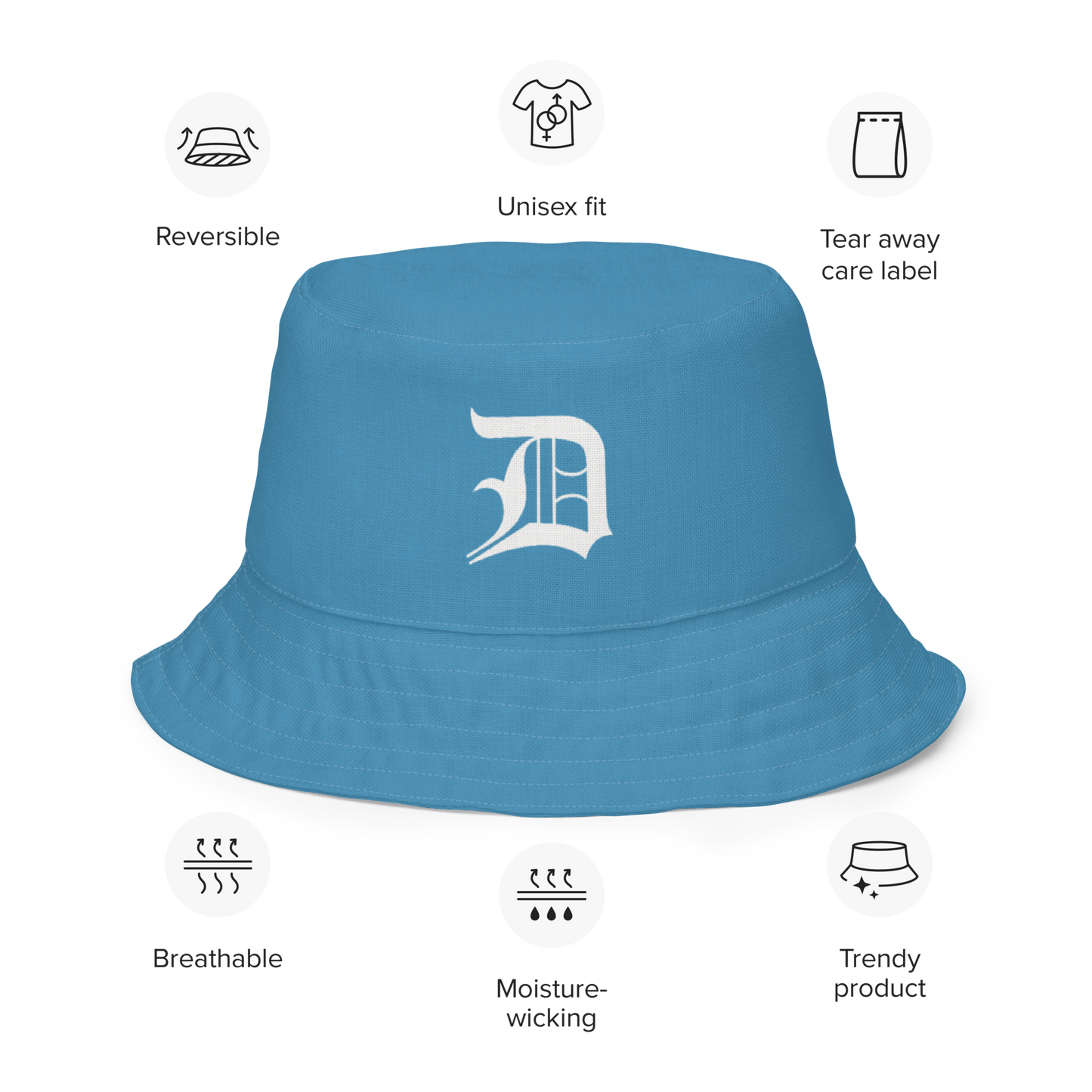 Detroit 'Old English D' Bucket Hat | Reversible - Lake Michigan Blue