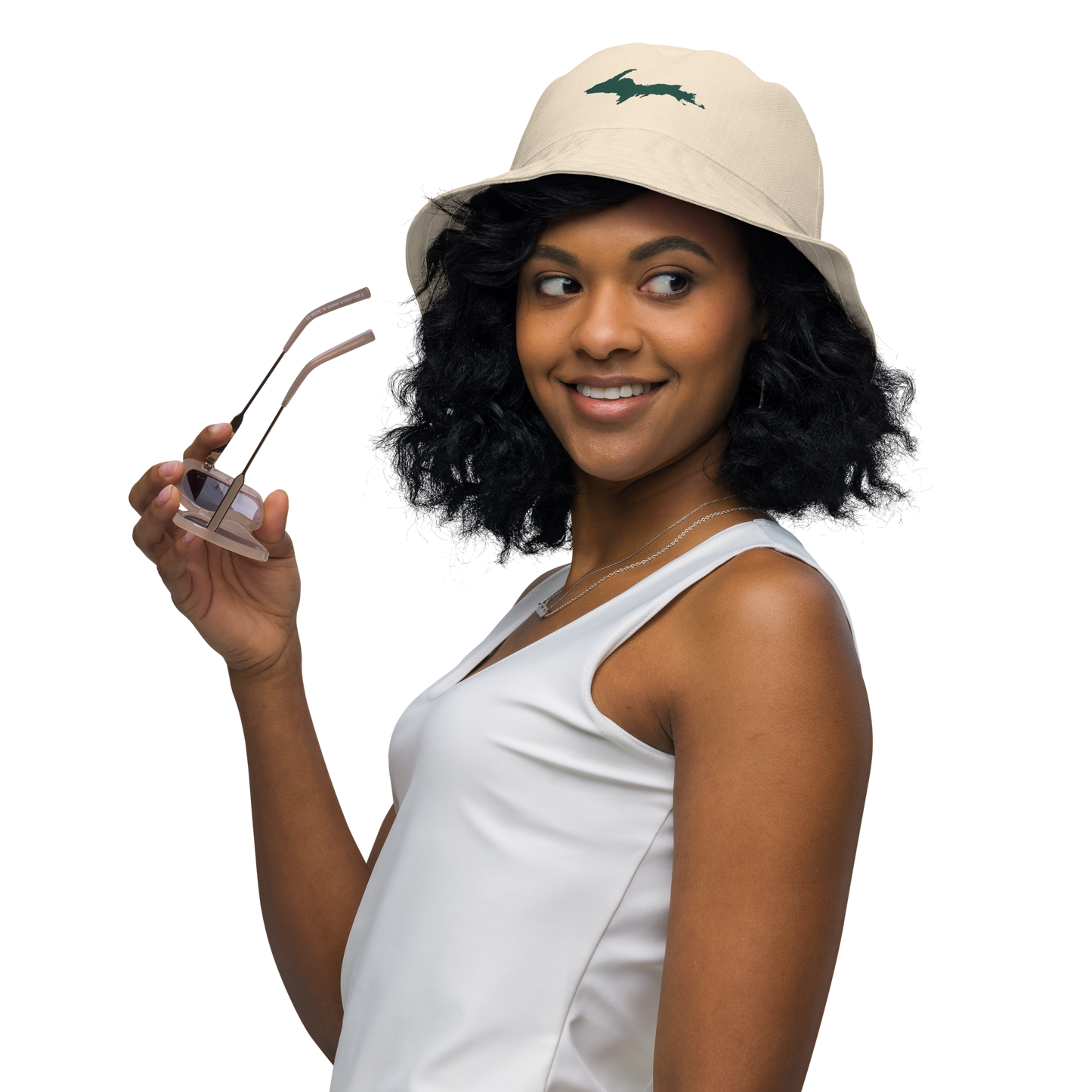 Michigan Upper Peninsula Bucket Hat (w/ Green UP Outline) | Reversible - Champagne White