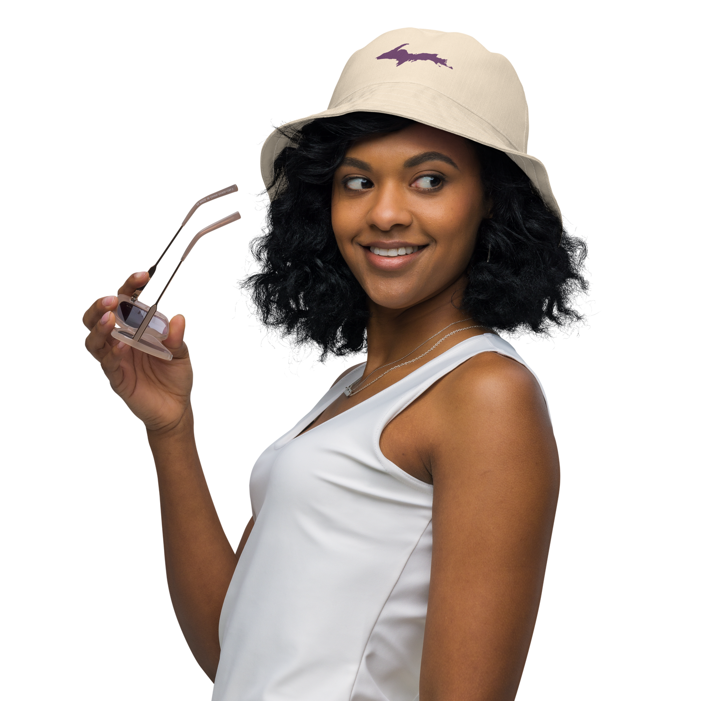 Michigan Upper Peninsula Bucket Hat (w/ Plum UP Outline) | Reversible - Champagne White