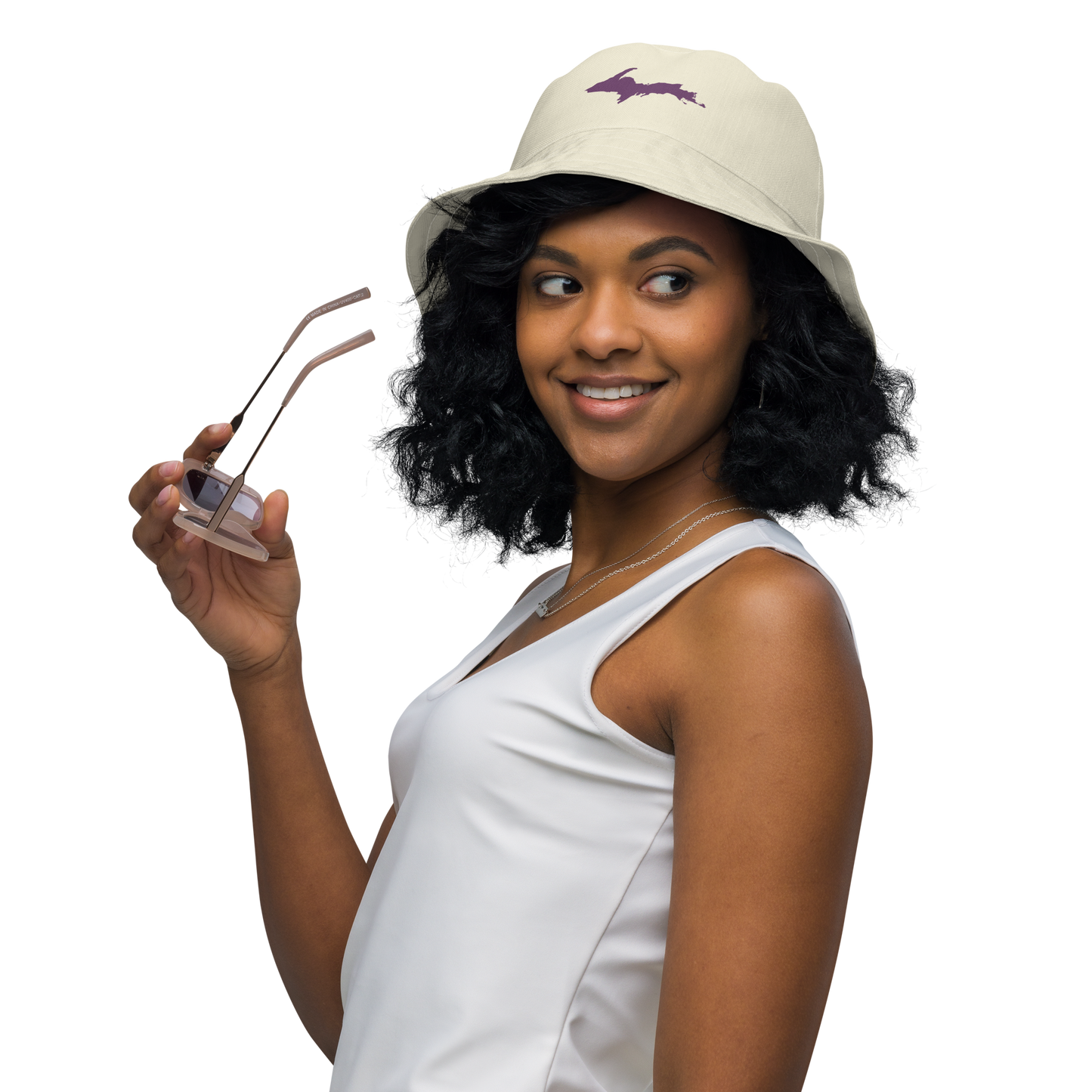 Michigan Upper Peninsula Bucket Hat (w/ Plum UP Outline) | Reversible - Ivory White