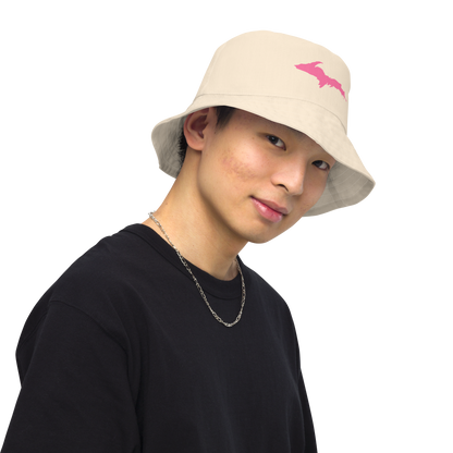 Michigan Upper Peninsula Bucket Hat (w/ Pink UP Outline) | Reversible - Champagne White