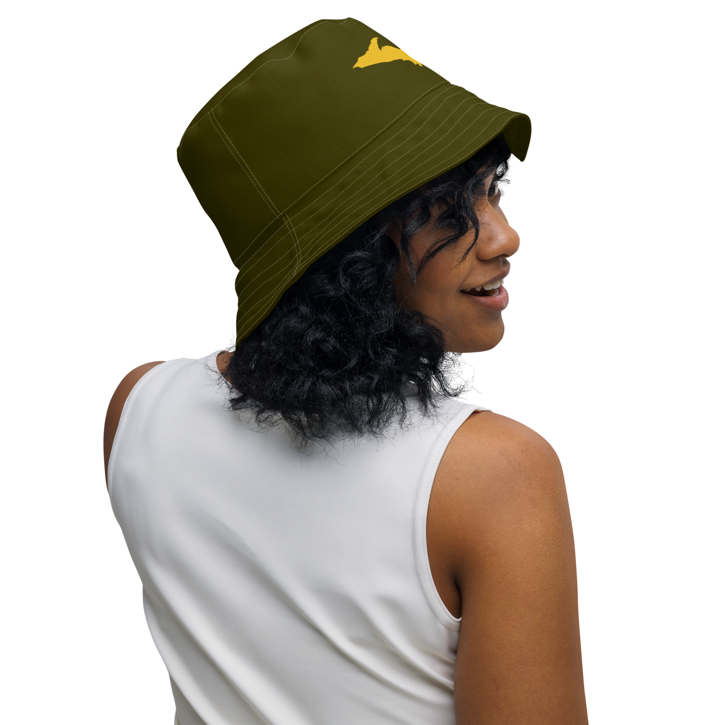 Michigan Upper Peninsula Bucket Hat (w/ Gold UP Outline) | Reversible - Military Green