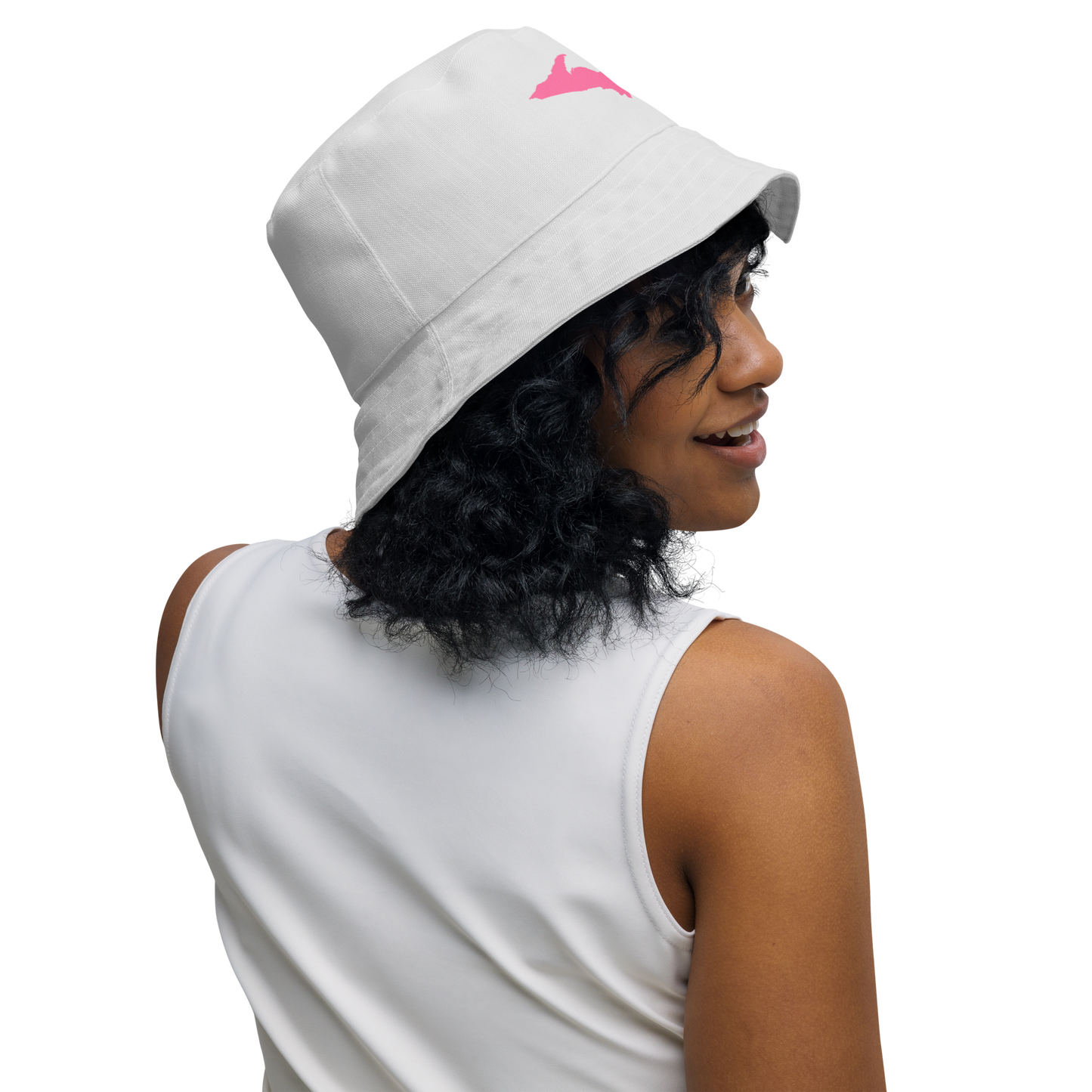 Michigan Upper Peninsula Bucket Hat (w/ Pink UP Outline) | Reversible - Birch Bark White