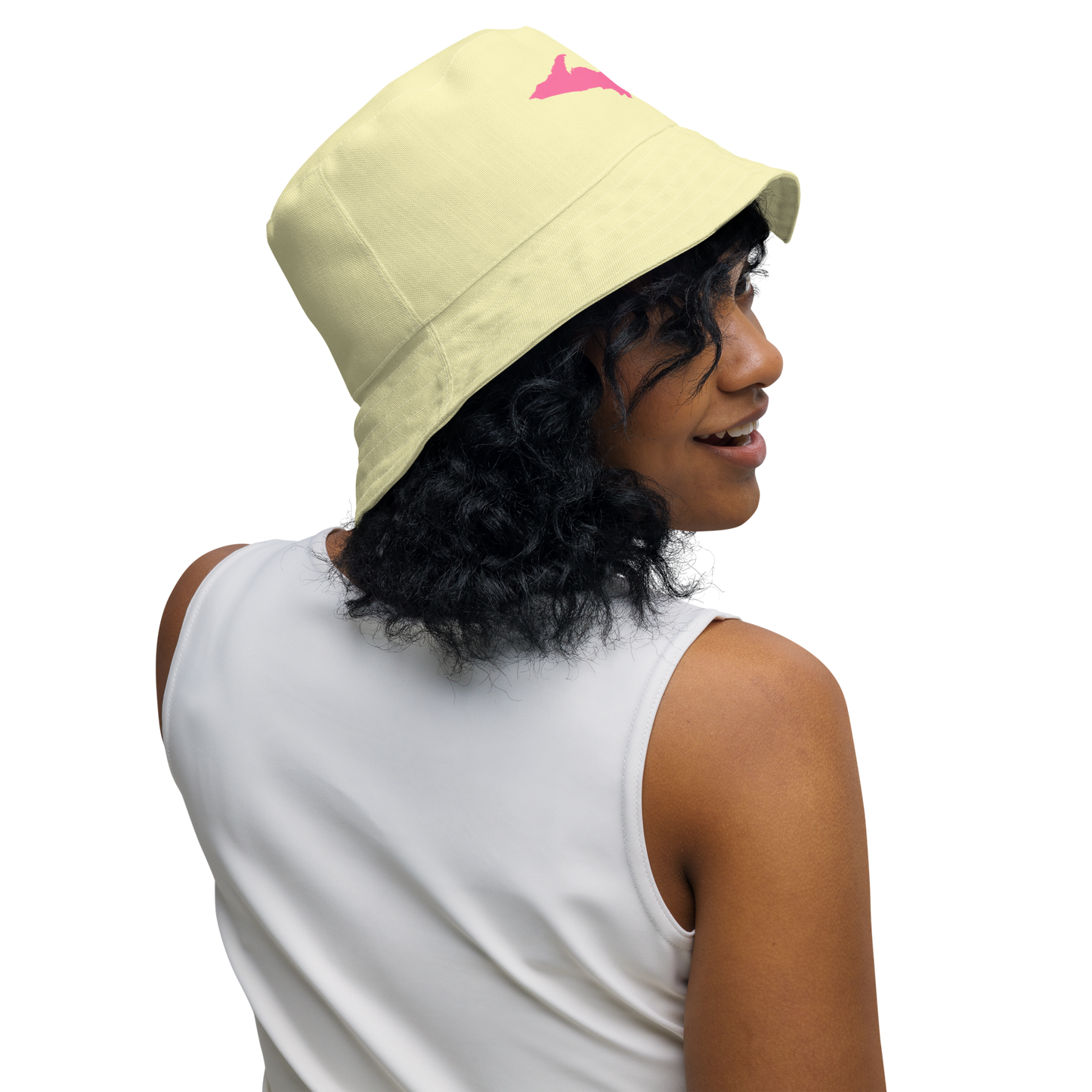 Michigan Upper Peninsula Bucket Hat (w/ Pink UP Outline) | Reversible - Canary Yellow