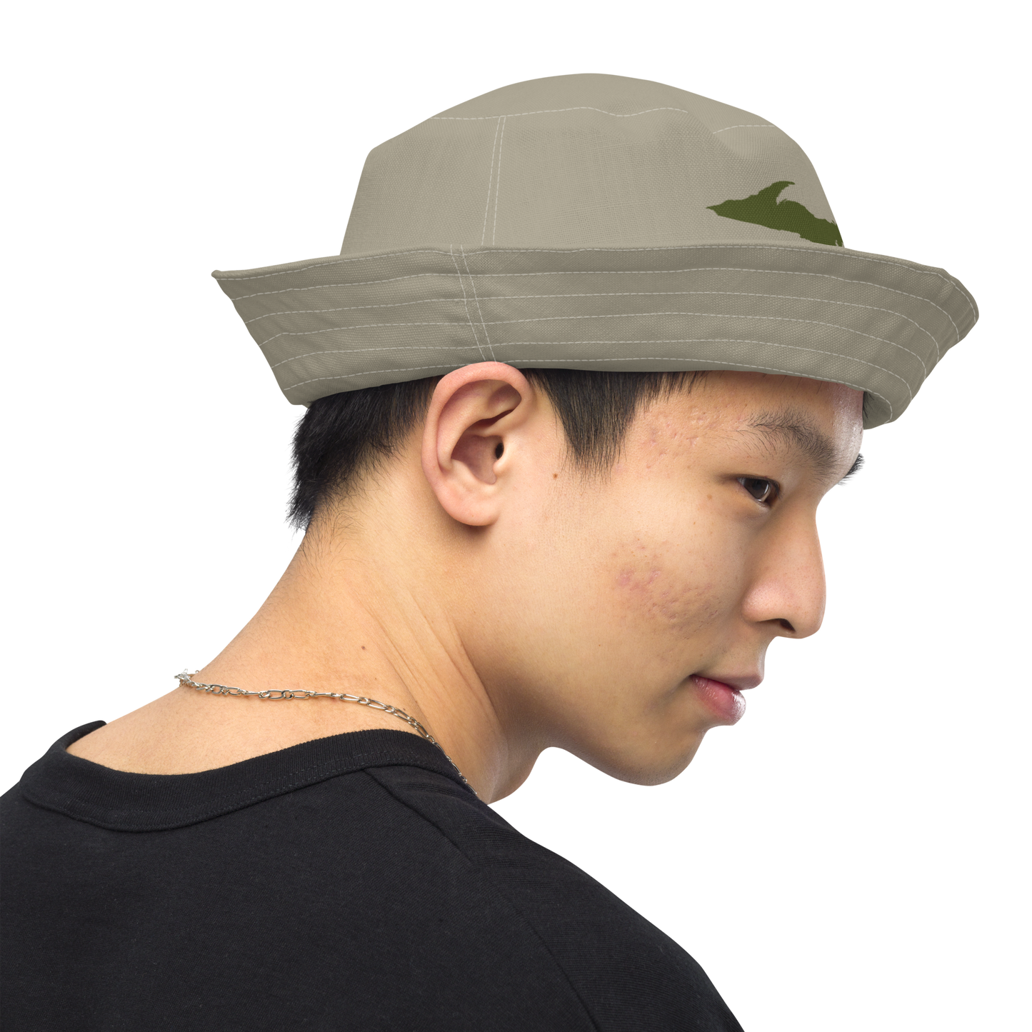 Michigan Upper Peninsula Bucket Hat (w/ Army Green UP Outline) | Reversible - Petoskey Stone Beige