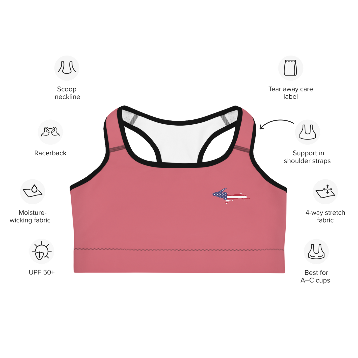 Michigan Upper Peninsula Sports Bra (w/ UP USA Flag Outline) | Watermelon Pink