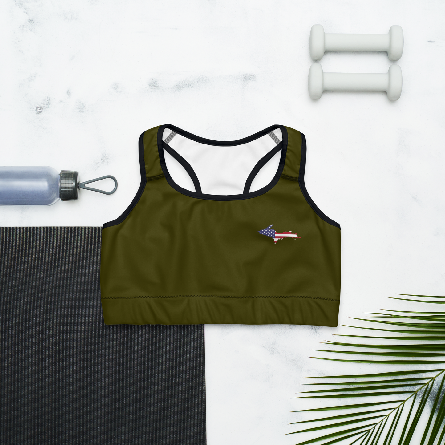 Michigan Upper Peninsula Sports Bra (w/ UP USA Flag ) | Military Green