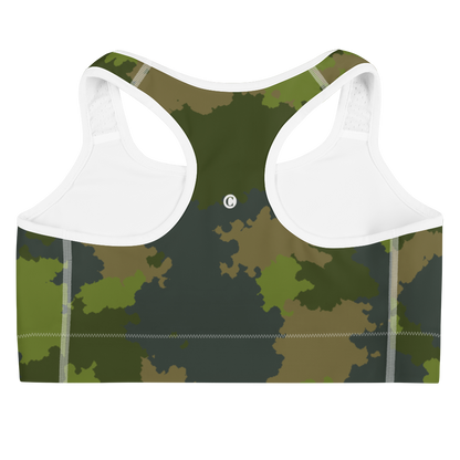 Michigan Upper Peninsula Sports Bra (w/ UP USA Flag) | Woodland Camo