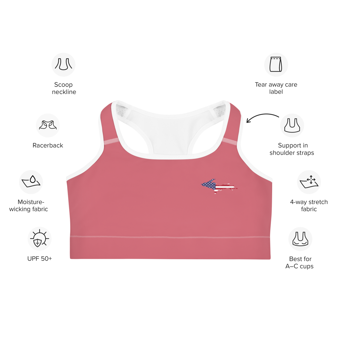 Michigan Upper Peninsula Sports Bra (w/ UP USA Flag Outline) | Watermelon Pink