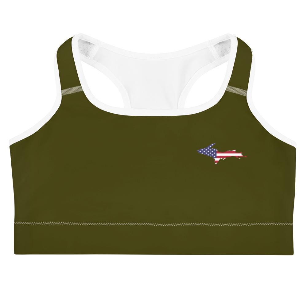 Michigan Upper Peninsula Sports Bra (w/ UP USA Flag ) | Military Green