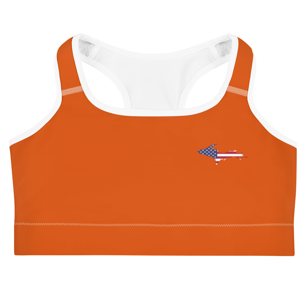 Michigan Upper Peninsula Sports Bra (w/ UP USA Flag) | Maple Leaf Orange