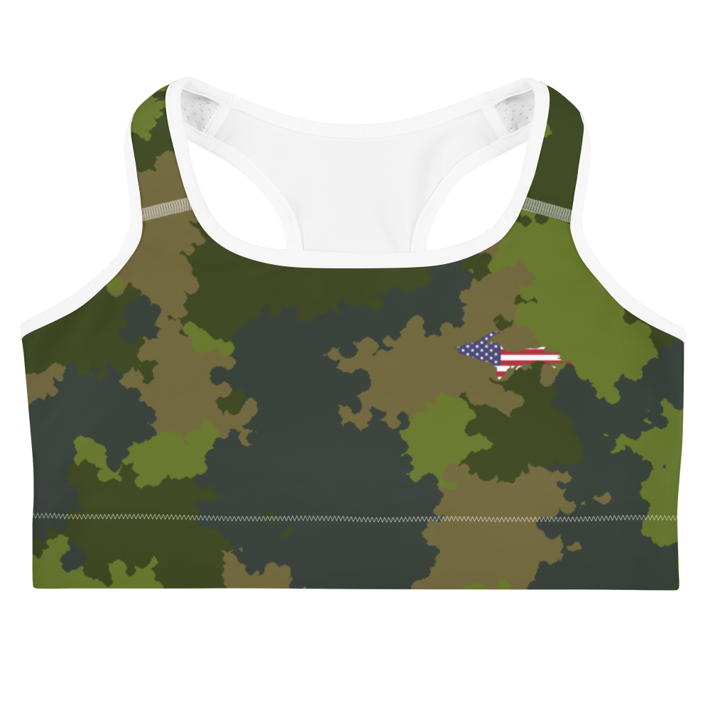 Michigan Upper Peninsula Sports Bra (w/ UP USA Flag) | Woodland Camo