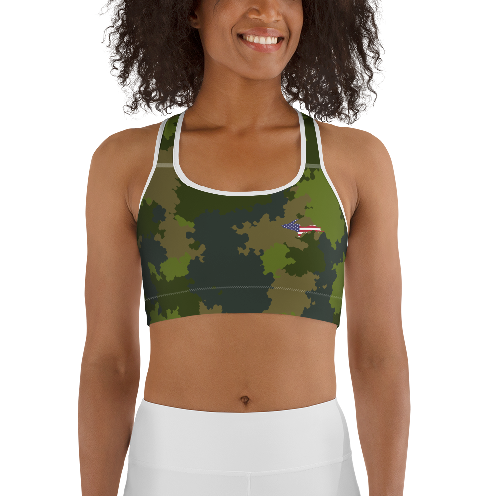 Michigan Upper Peninsula Sports Bra (w/ UP USA Flag) | Woodland Camo