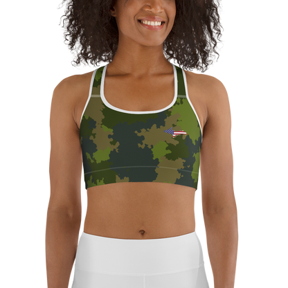 Michigan Upper Peninsula Sports Bra (w/ UP USA Flag) | Woodland Camo