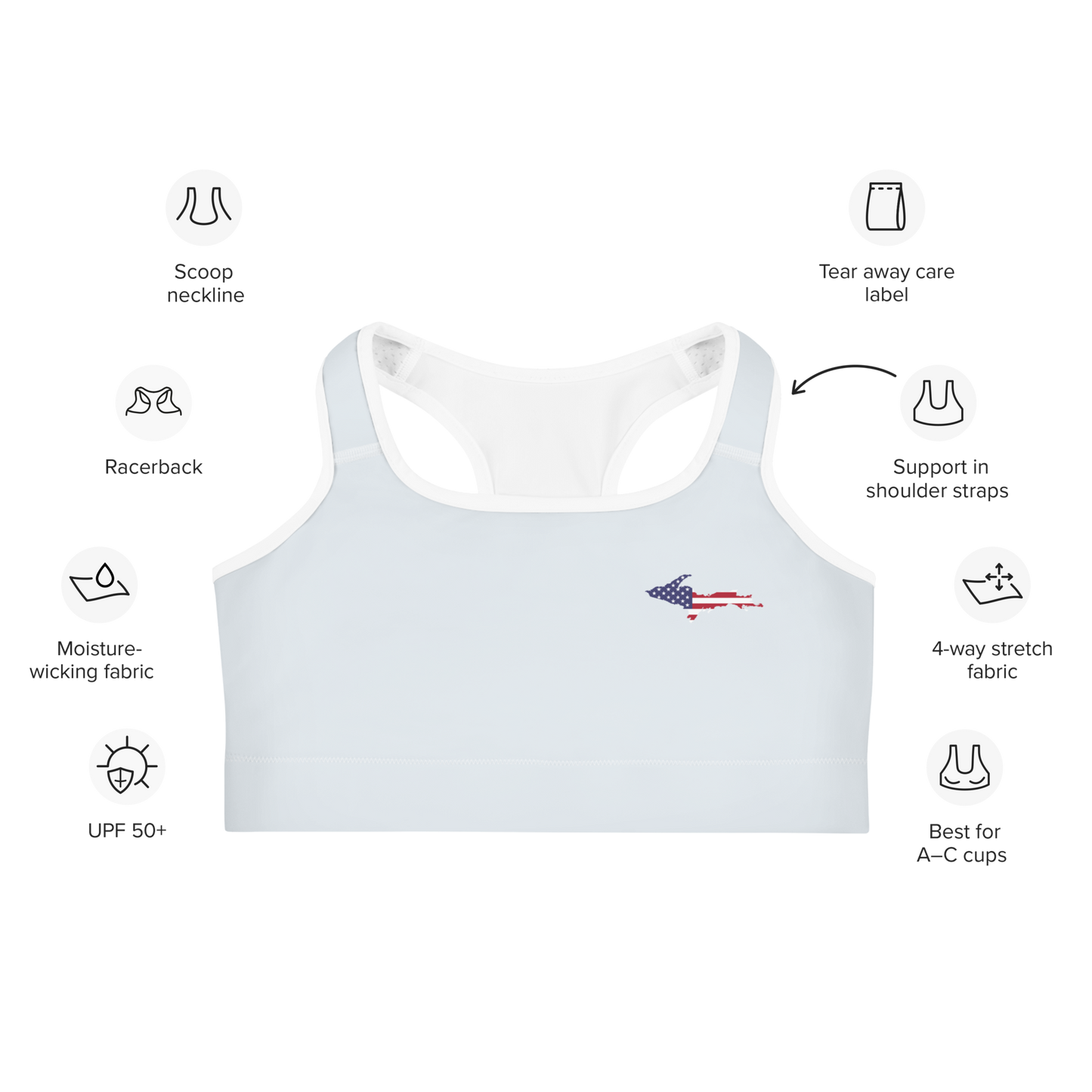 Michigan Upper Peninsula Sports Bra (w/ UP USA Flag) | Gossy White