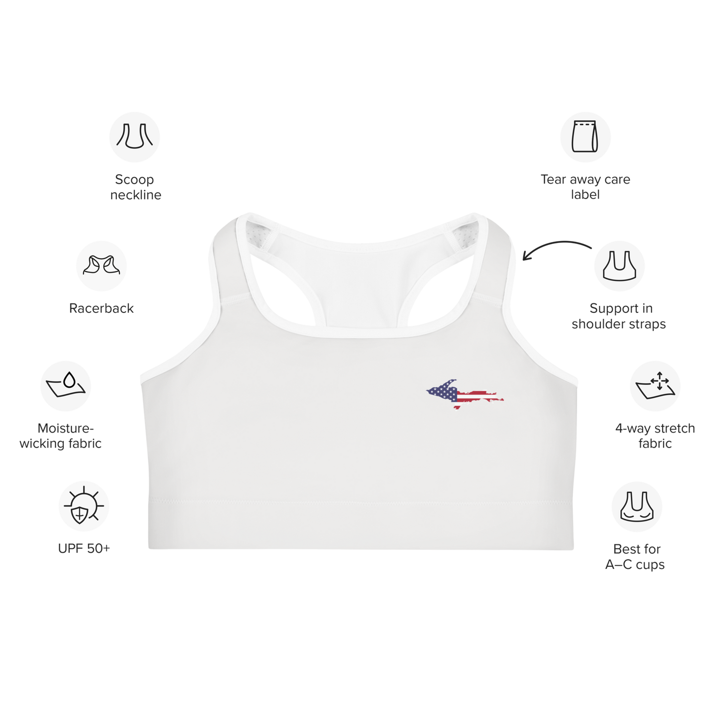 Michigan Upper Peninsula Sports Bra (w/ UP USA Flag) | Birch Bark White