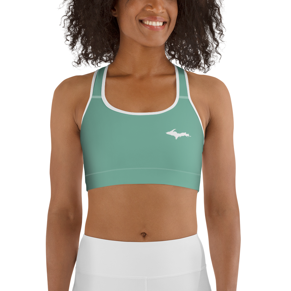 Michigan Upper Peninsula Sports Bra (w/ UP Outline) | Metallic Mint Green