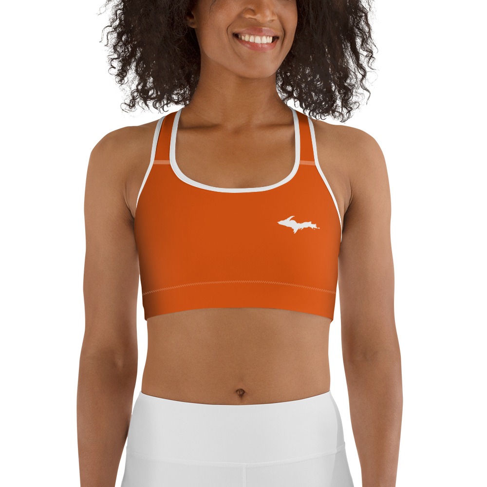 Michigan Upper Peninsula Sports Bra (w/ UP Outline) | Maple Leaf Orange