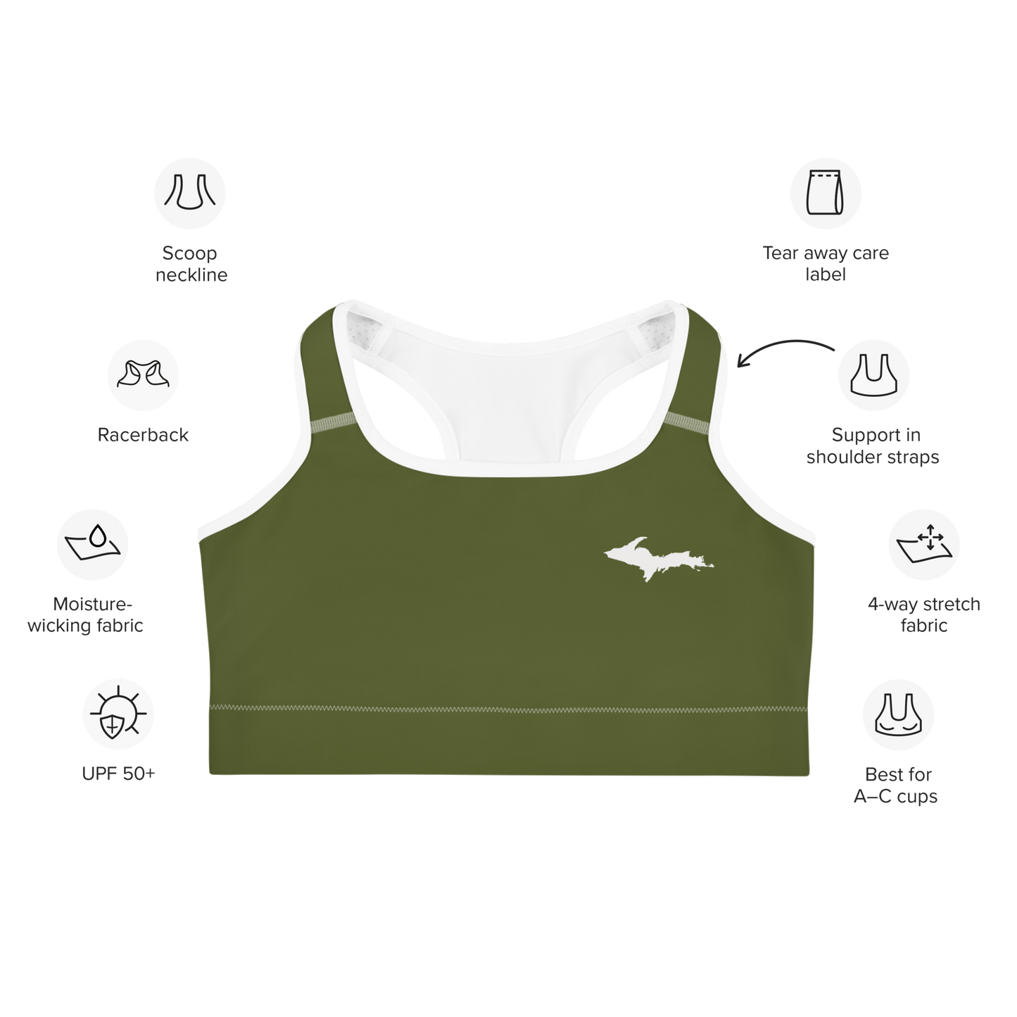 Michigan Upper Peninsula Sports Bra (w/ UP Outline ) | Army Green