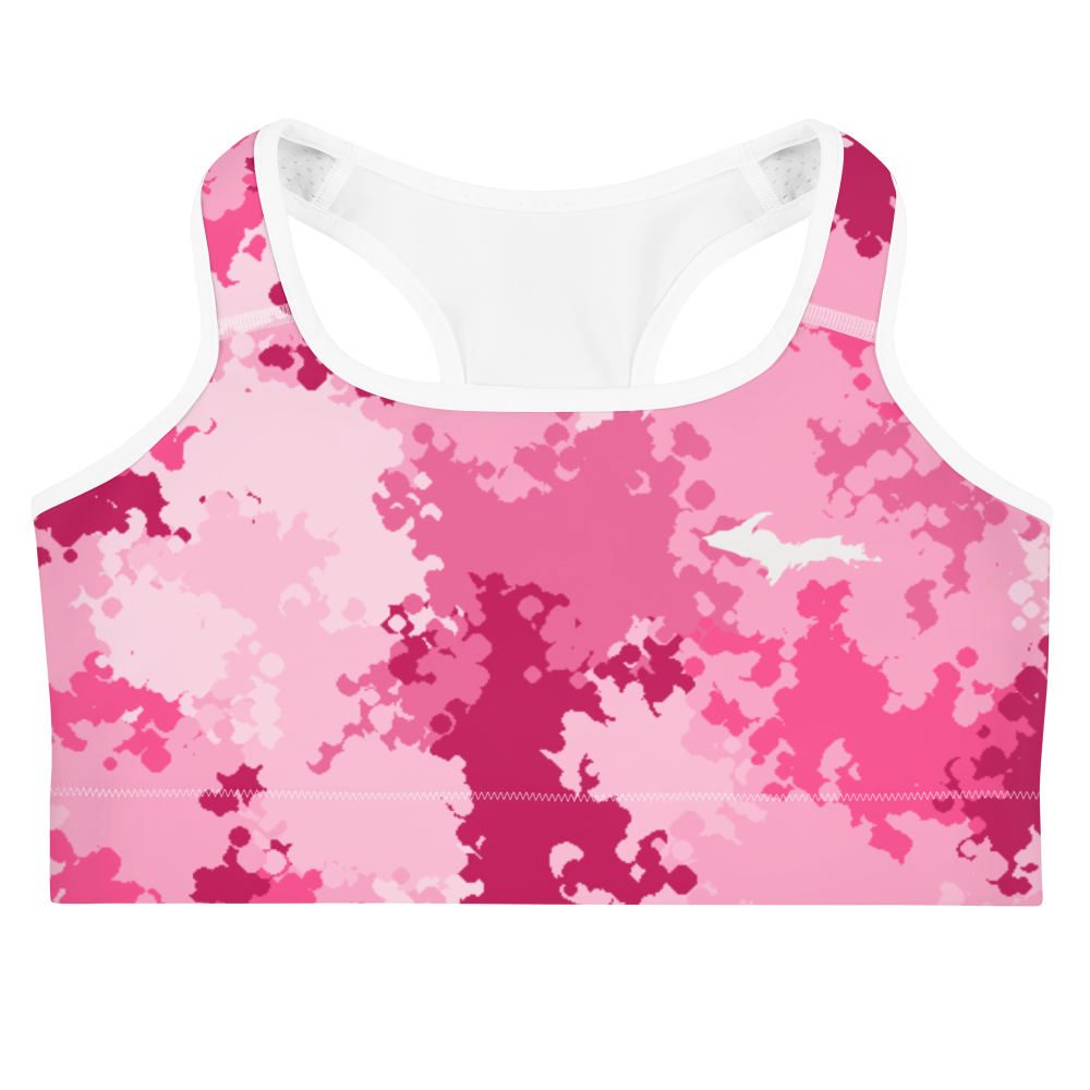 Michigan Upper Peninsula Sports Bra (w/ UP Outline) | Pink Camo