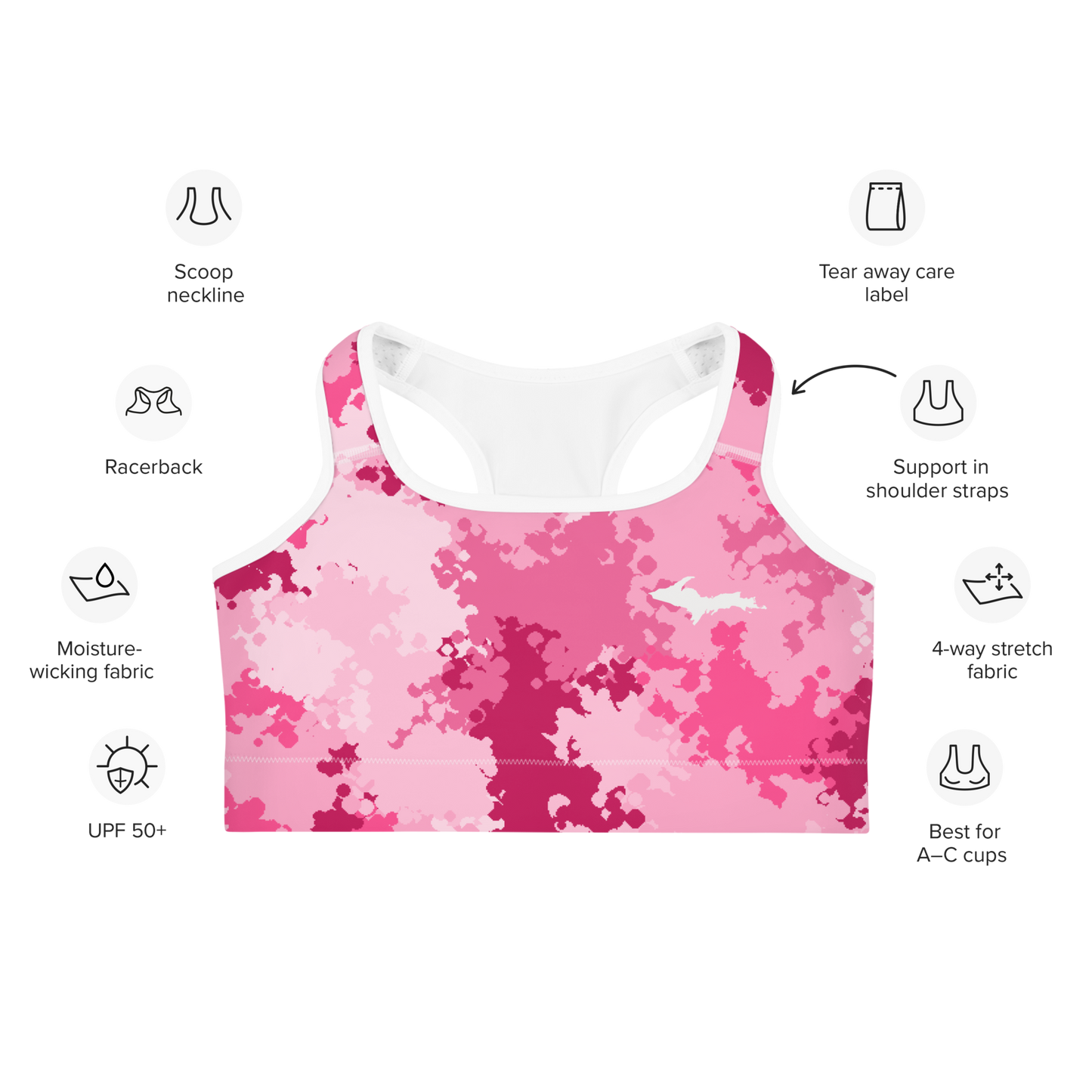 Michigan Upper Peninsula Sports Bra (w/ UP Outline) | Pink Camo