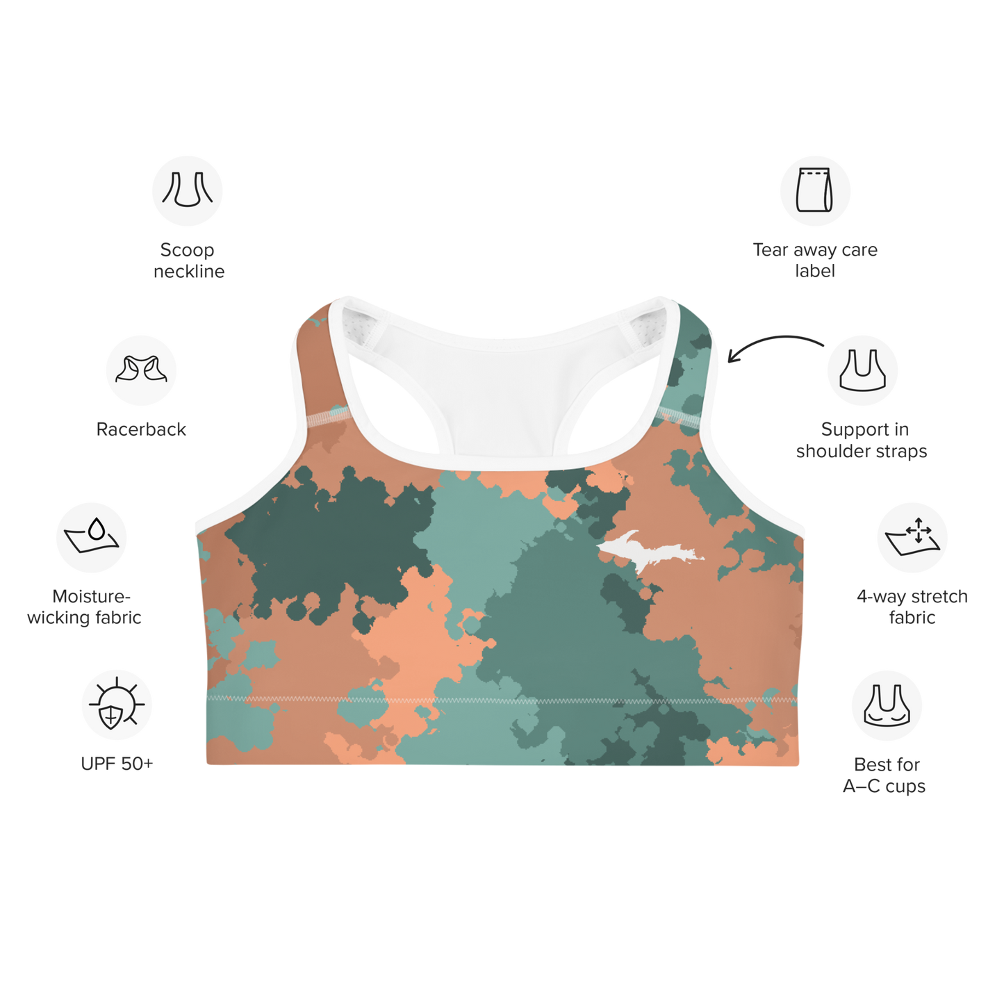 Michigan Upper Peninsula Sports Bra (w/ UP Outline) | Copper Country Camo