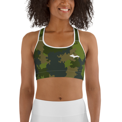 Michigan Upper Peninsula Sports Bra (w/ UP Outline) | Woodland Camo