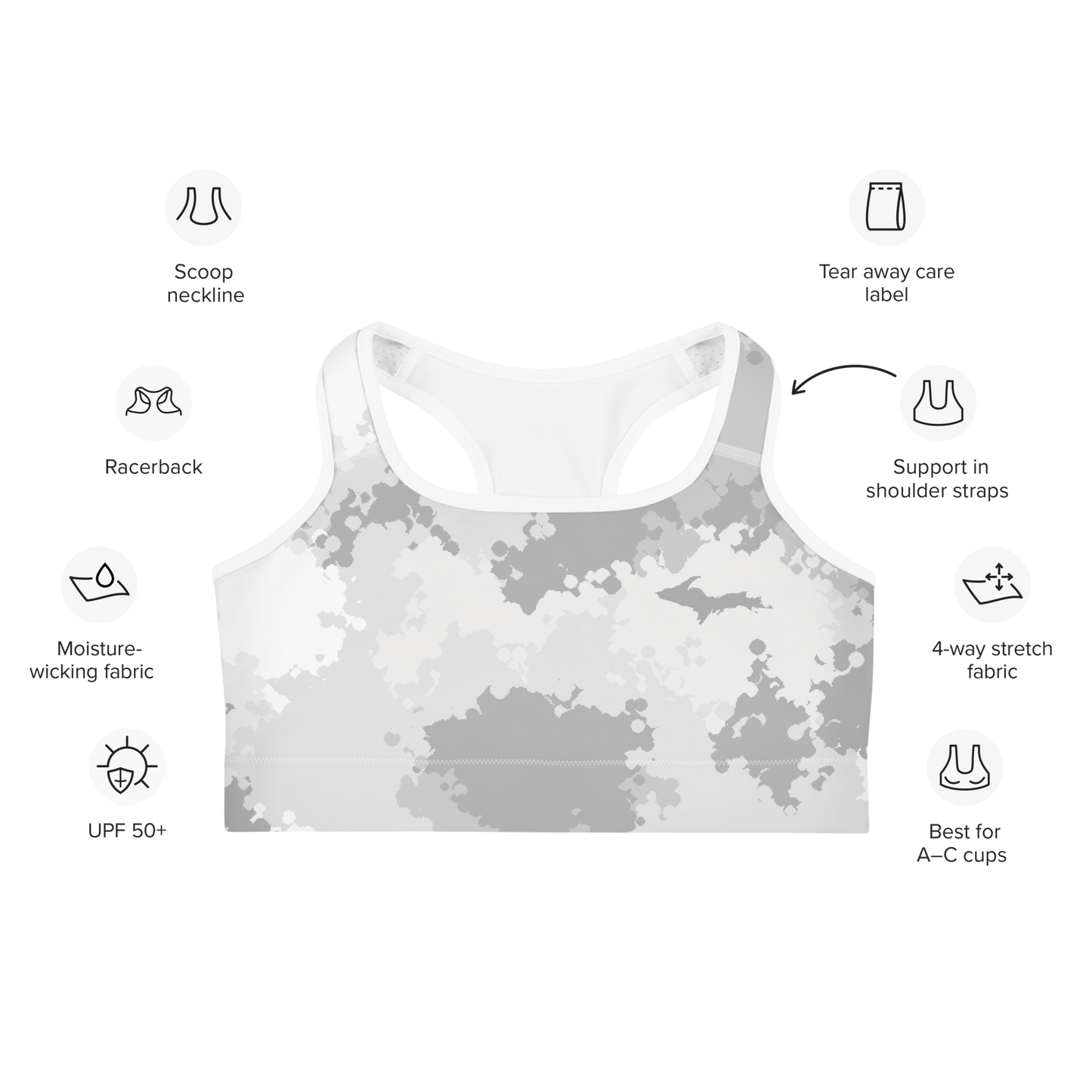 Michigan Upper Peninsula Sports Bra (w/ UP Outline) | Snow Camo