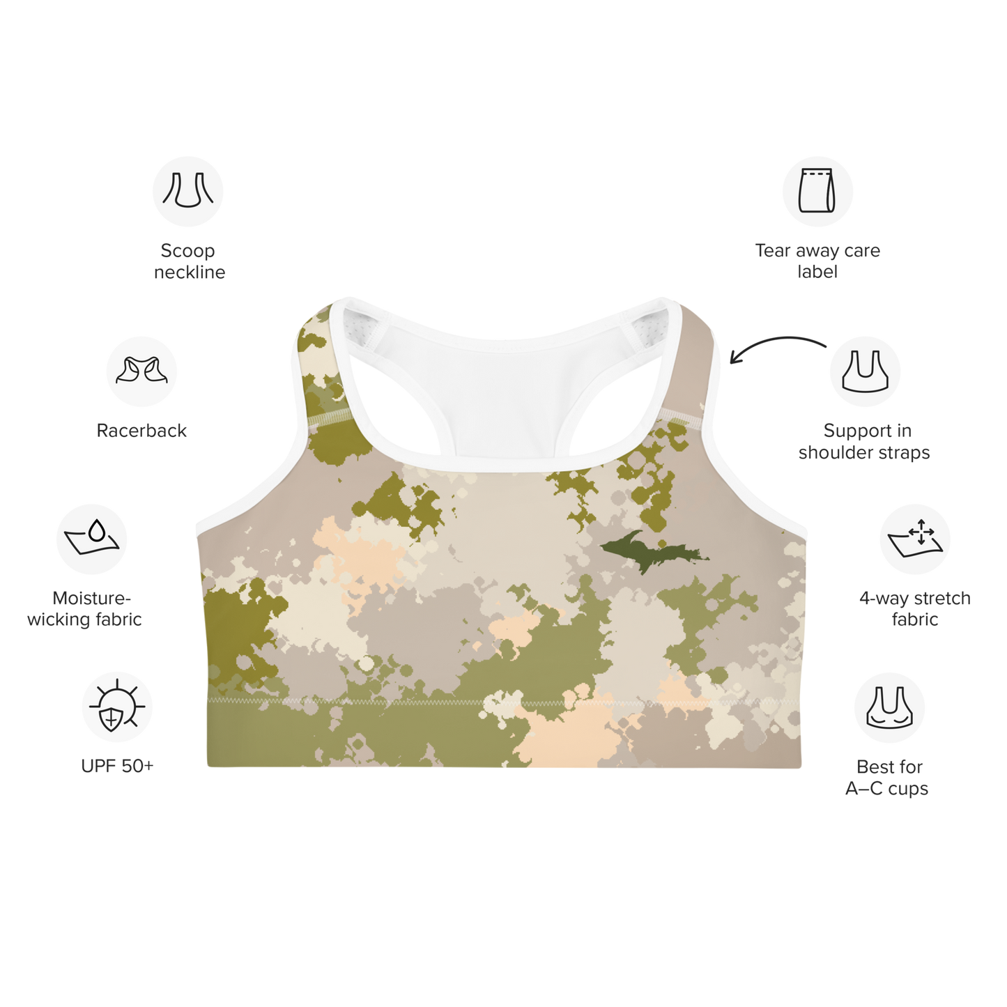 Michigan Upper Peninsula Sports Bra (w/ UP Outline) | Rosy Mound Camo