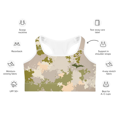 Michigan Upper Peninsula Sports Bra (w/ UP Outline) | Rosy Mound Camo