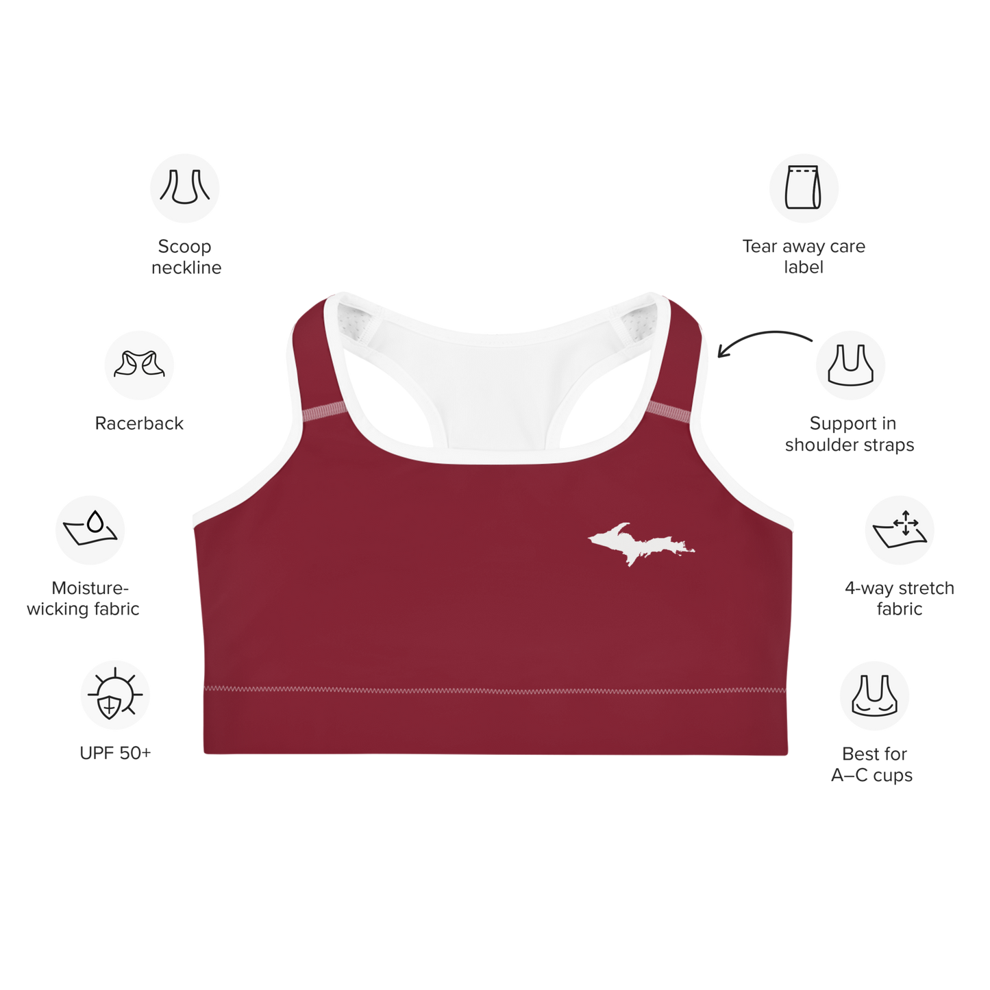 Michigan Upper Peninsula Sports Bra (w/ UP Outline) | Burgandy