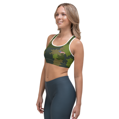 Michigan Upper Peninsula Sports Bra (w/ UP USA Flag) | Woodland Camo