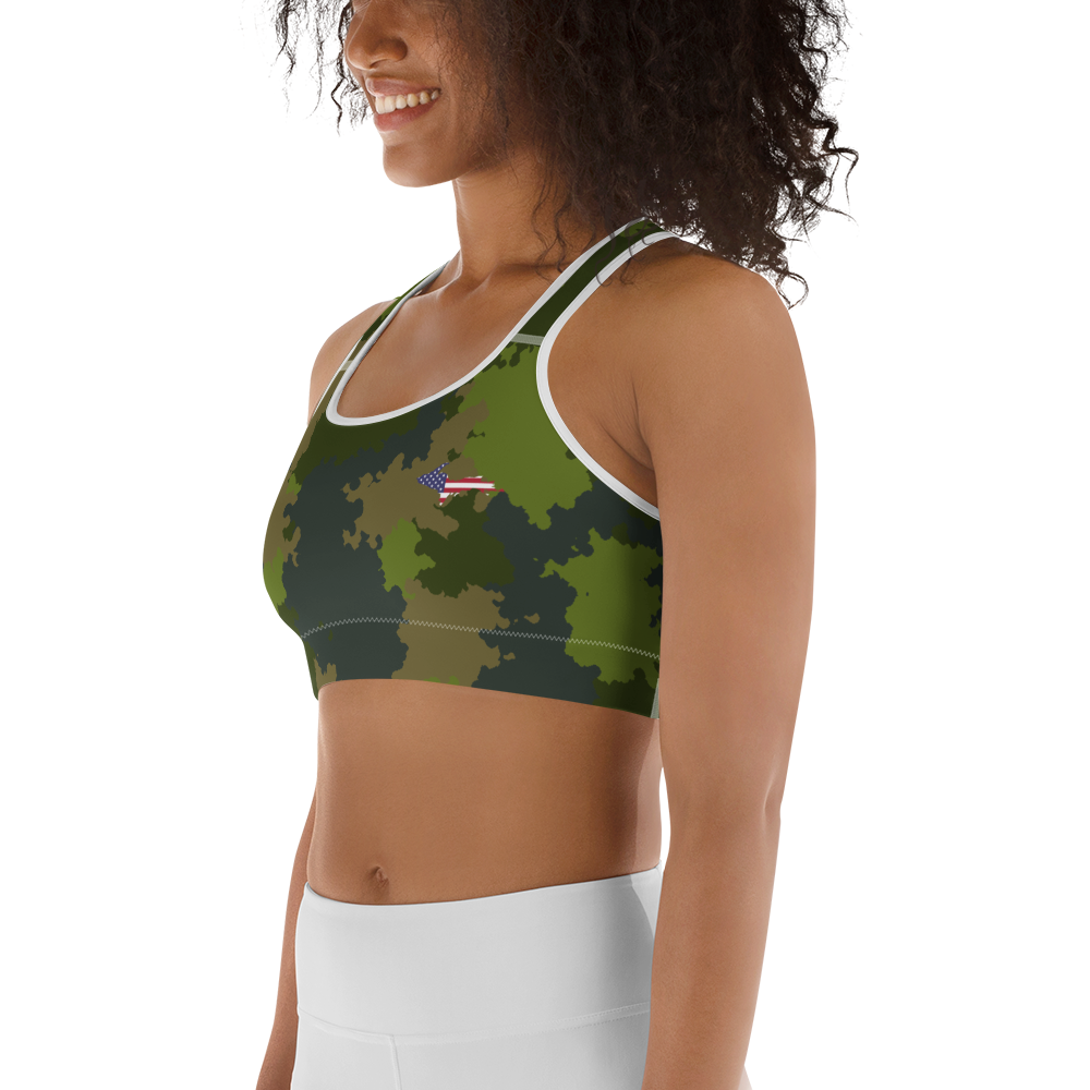 Michigan Upper Peninsula Sports Bra (w/ UP USA Flag) | Woodland Camo