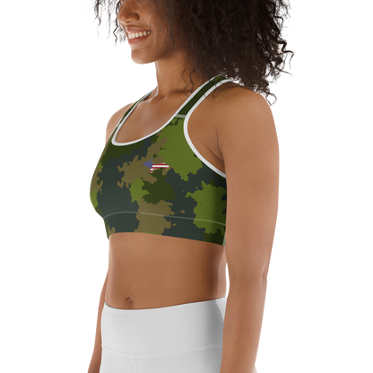 Michigan Upper Peninsula Sports Bra (w/ UP USA Flag) | Woodland Camo