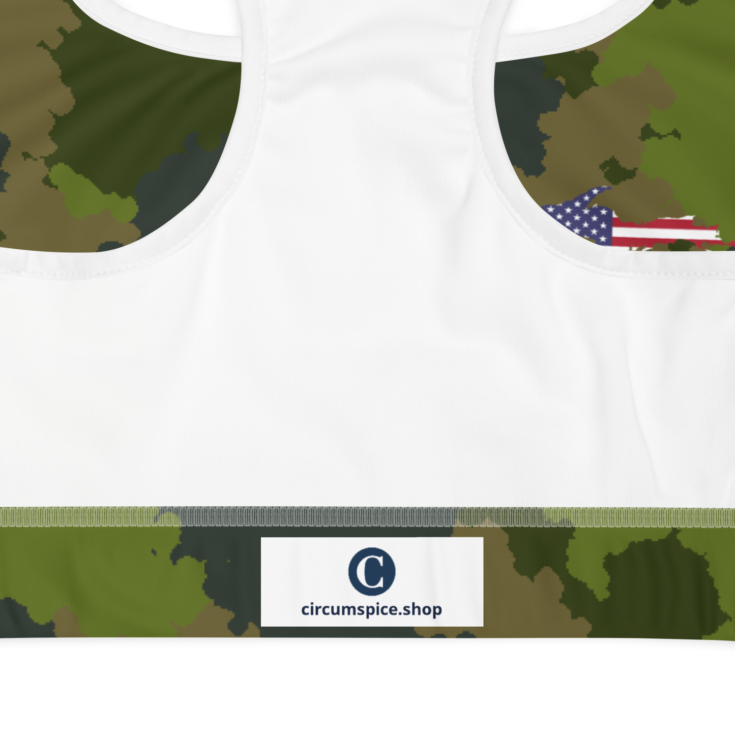 Michigan Upper Peninsula Sports Bra (w/ UP USA Flag) | Woodland Camo