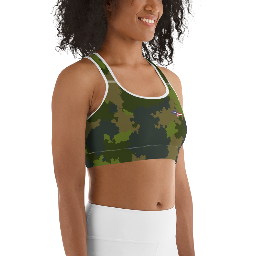 Michigan Upper Peninsula Sports Bra (w/ UP USA Flag) | Woodland Camo