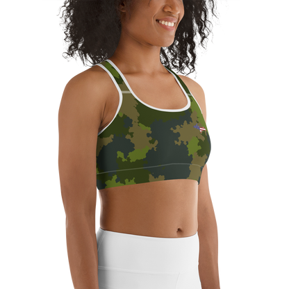 Michigan Upper Peninsula Sports Bra (w/ UP USA Flag) | Woodland Camo